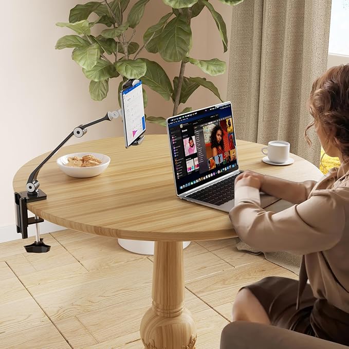 suptek Aluminum Alloy Cell Phone Desk Mount Stand 360° Tablet Stand and Holders Adjustable for iPad, iPhone, Samsung, Asus and More 4.7-11 inch Devices, Good for Bed, Kitchen, Office (YF208B)