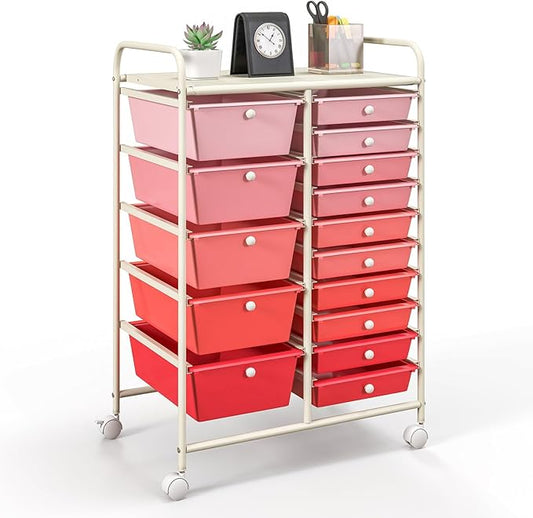 GOFLAME 15-Drawer Rolling Storage Cart, Craft Storage Cart with Removable Drawers & Lockable Wheels, Art Cart Supply Storage Organizer for Home Office Classroom, Pink Gradient