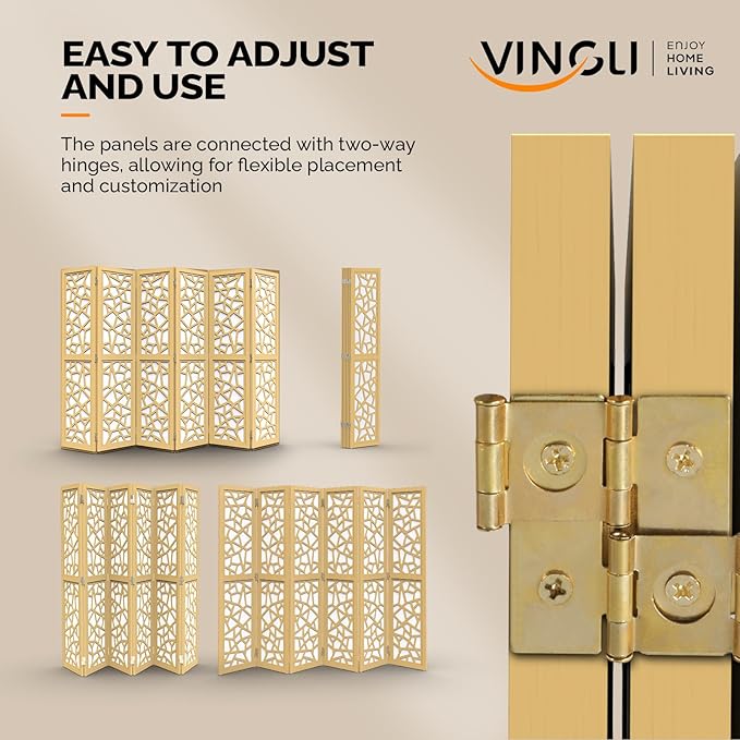 VINGLI 70'' H Room Divider, Non-Woven Fabric Privacy Screen, Indoor Partition Wall Dividers, Freestanding Hinged Space Separator with Modern Unique Pattern (Gold, 6 Panel)
