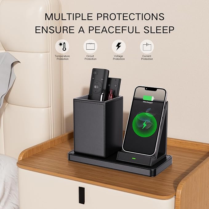 Multi-Functional Pen Holder for Desk,Black Vegan Leather Desk Organizers with Remote Control Holder,Pencil Holder for Desk,Desk Organizer with Phone Wireless Charger for Office/Nightstand/Endtable