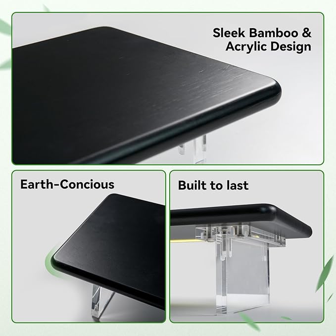 ROCDEER Bamboo Monitor Stand Riser with RGB Lights,31.5 Inches Desktop Shelf with Acrylic Legs Supports for Desk, PC Computer Monitor, Laptops, Printer, Speakers (Black)