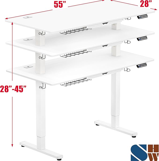SHW 55 x 28 Inches Electric Height Adjustable Standing Desk with Drawer and Memory Preset, White
