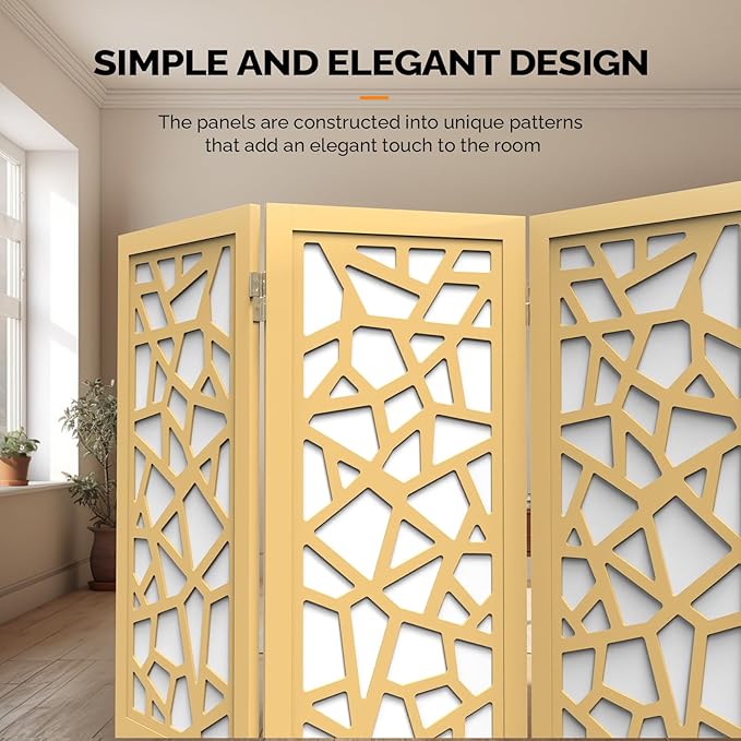 VINGLI 70'' H Room Divider, Non-Woven Fabric Privacy Screen, Indoor Partition Wall Dividers, Freestanding Hinged Space Separator with Modern Unique Pattern (Gold, 6 Panel)