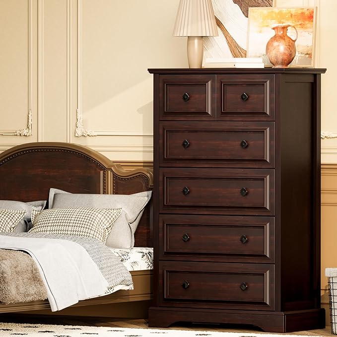 VVFLU Farmhouse 6 Drawer Dresser, 48" Tall Dresser Chest of Drawers with Natural Texture & Metal Handles, Storage Dressers Organizer for Bedroom, Living Room, Hallway, Vintage Design (Cherry)