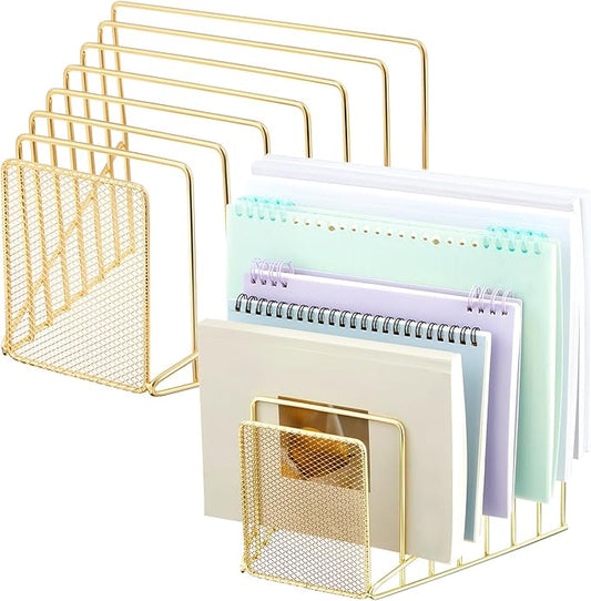 2 Pcs 7 Section Incline File Sorter Metal Wire Mesh File Rack for Desktop Letter Sorter for Magazine Folder Book Organizer Home Office School Paper Mail Desk Storage Holder (Golden)