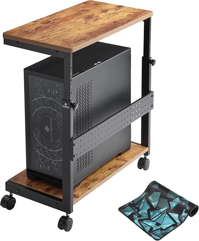 EUREKA ERGONOMIC PC Stand Computer Cart, Height Adjustable Tower Stand 2-Tier Suit for ATX Case Printer, Metal Rolling Cart on Wheels for Gaming Home Office, Antique Wood