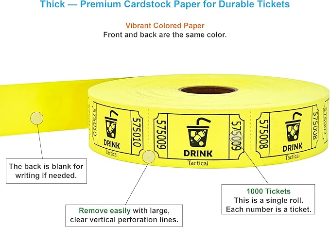 Tacticai 1000 Raffle Tickets, Drink, Yellow (1 of 8 Colors), Single Roll for Events, Entry, Class Reward, Fundraiser & Prizes