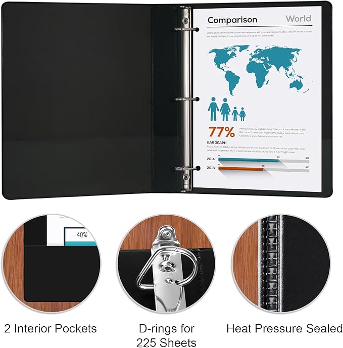 Comix D-Ring Basic View Binder 1 inch 3 Ring Binders, 2.4mm-Thick, Hold 225 Sheets of 8.5" x 11" Paper, 12 Pack (Black)