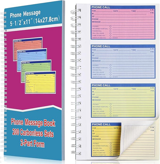 Sinmoe 1 Pcs Spiral Bound Phone Message Book with Carbon Copy 5-1/2" x 11" 2 Part Colorful Carbonless Telephone Message Pads Duplicate Spiral Phone Call Log Book for Business Office (Rose Red,Blue)