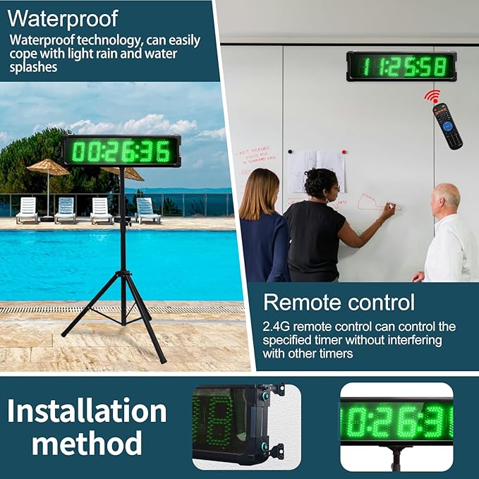 Large LED Display Digital Race Timer with Battery,Function-Countdown/Up/Time Clock, Remote Control, Tripod Stand and Adjustable Brightness for Sports Events, Races, Meetings, (Green)