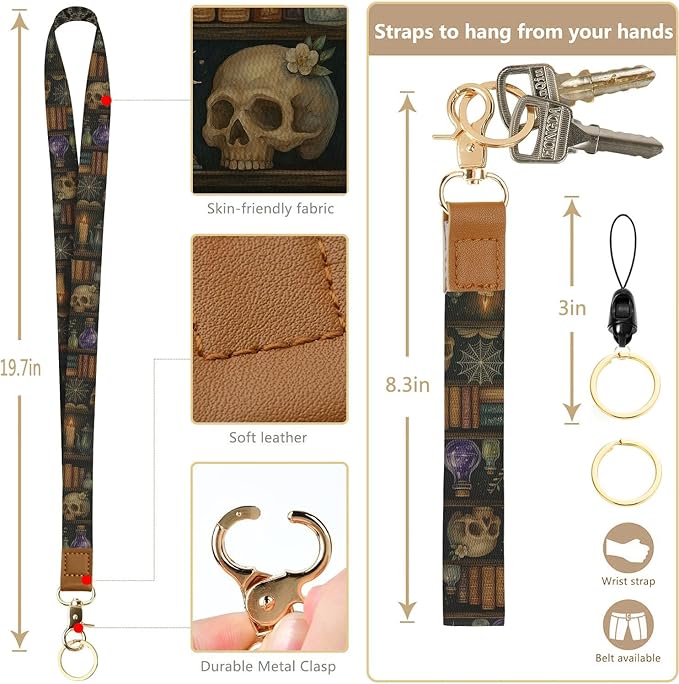 bolimoss Bookshelf Lanyard Wallet for Women Teacher, Goth Skull Leathe RFID Small Keychain Wallet Credit Card Holder Breakaway Wrist Neck Strap for Key Name Tag