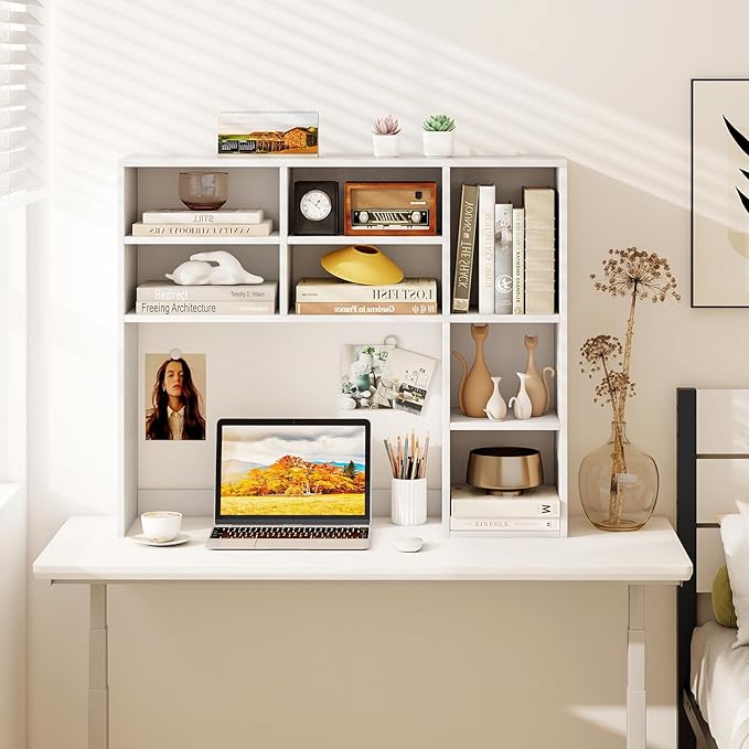Tangkula Desktop Bookshelf, 37" Countertop Storage Hutch with 7 Cubes & 3 Adjustable Shelves, 3-Tier Desk Display Rack Organizer, Multipurpose Wood Desktop Hutch for Dorm Home Office (White)