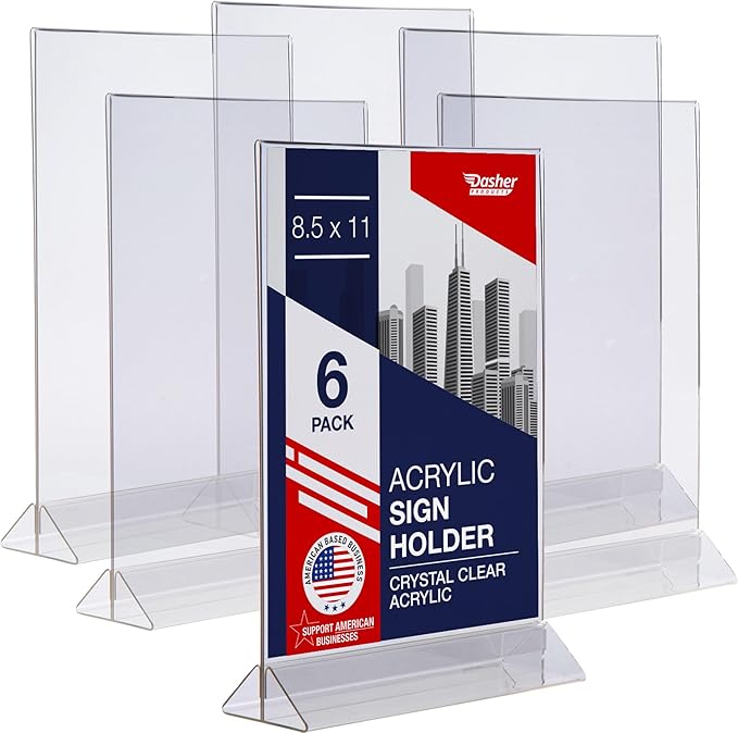 Acrylic Sign Holder 8.5 x 11, T-Shape Menu Holder with Bottom-Loading Design, Plastic Stands for Brochures, Flyers, Menus, and Displays. Double-Sided Display Stand for Tabletop Signs and More (6 Pack)