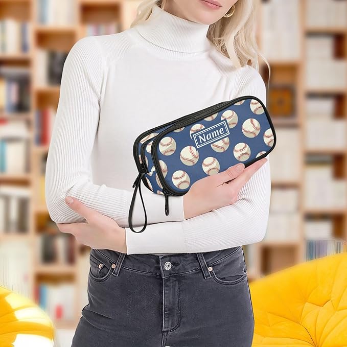 BOENLE Custom Baseballs Ball Blue Pencil Case Box Boys Girls Personalized Name Large Pencil Pouch Stationery Pen Bag Organizer for Kids Adults School Office