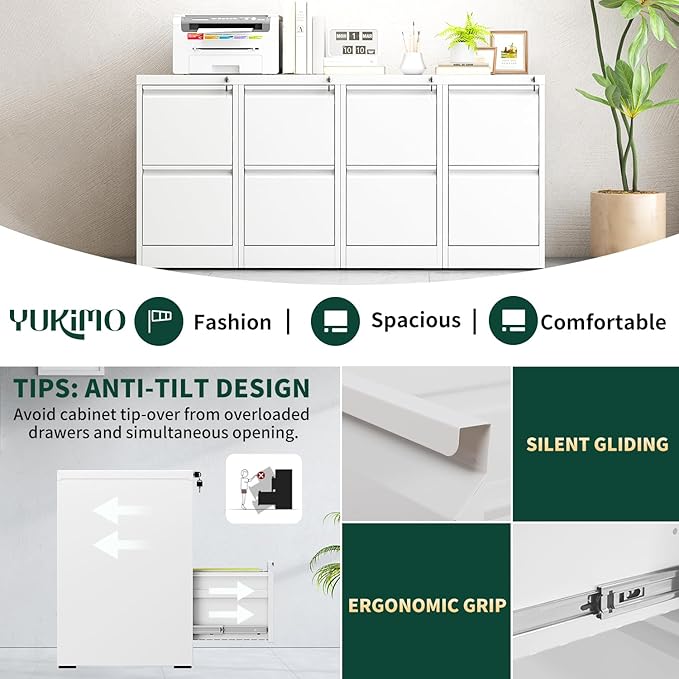 Yukimo 2 Drawer File Cabinet for Home Office, Vertical File Cabinet with Lock, Locking File Cabinet Hanging Files for A4/ Legal/Letter, Require Assembly, White