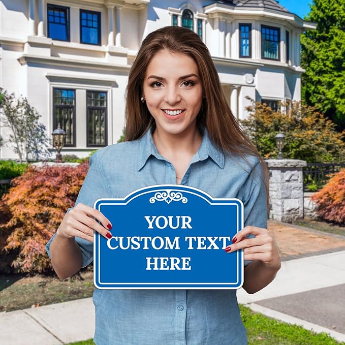 Custom Decorative Sign, Personalized Metal Sign for Business, Driveway, Home, Airbnb, Office Door Plaque, Blue Background Sign, 7x10 Inches, ACM, Fade Resistant, Made in USA by Sigo Signs