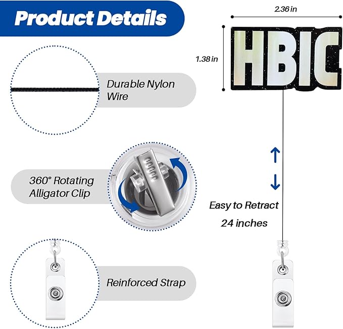 HBIC Funny Badge Reel | Retractable ID Card Sarcasm Badge Holder | Name Tag Medical Work Badge Clip for RN LPN CNA MA ER Night Shift Nurse Nursing Student Doctor | Nurse Gifts | Acrylic｜Alligator Clip