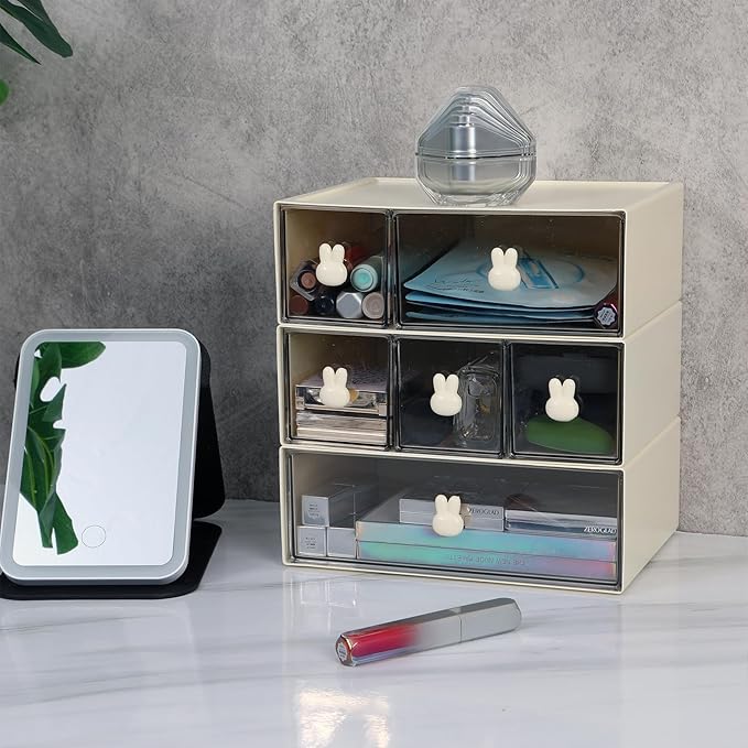 OSteed Desktop Drawers, Desk Organizer with 1 Large Drawer & Bunny Handles, Stackable Plastic Storage Box for Home Collection, Cosmetics, Office Supplies (1 Tall Layer, Cream & Clear)