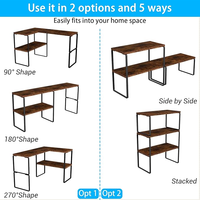 Golener Countertop Organizer Corner Shelf, 2-Tier Adjustable Stackable Corner Shelves for Kitchen, Spice Rack, Coffee Area, Over Sink, Bathroom, Dresser Table, Corner Counter Shelf Stand, Rustic Brown