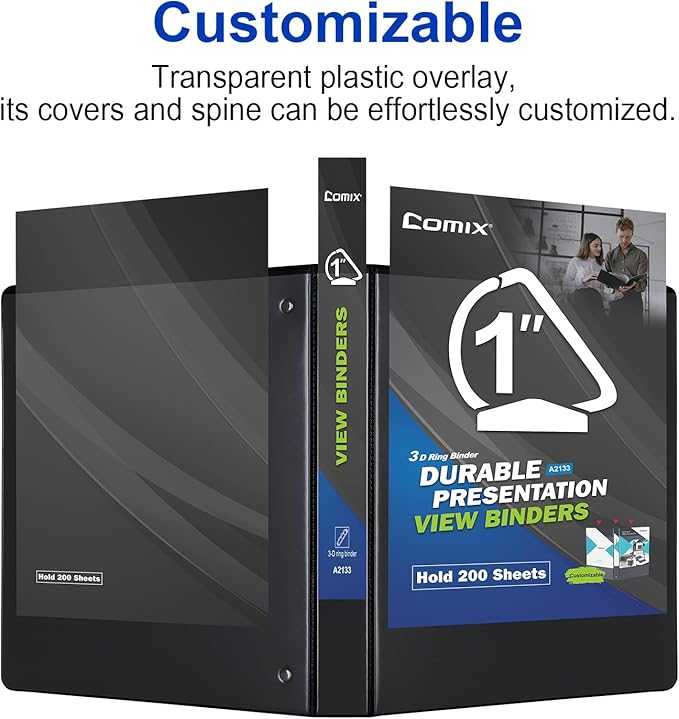 Comix D-Ring Basic View Binder 1 inch 3 Ring Binders, 2.4mm-Thick, Hold 225 Sheets of 8.5" x 11" Paper, 12 Pack (Black)