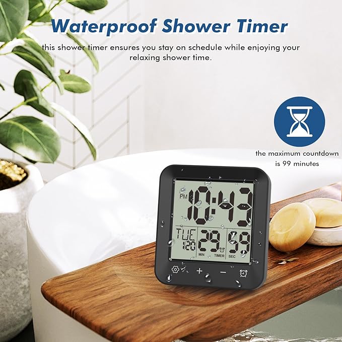 Wisoee Waterproof Shower Clock Timer, Bathroom Clock with Countdown, Touch Screen, Indoor Temperature, Suction Cup, LCD Digital Wall Clock for Bath, Kitchen