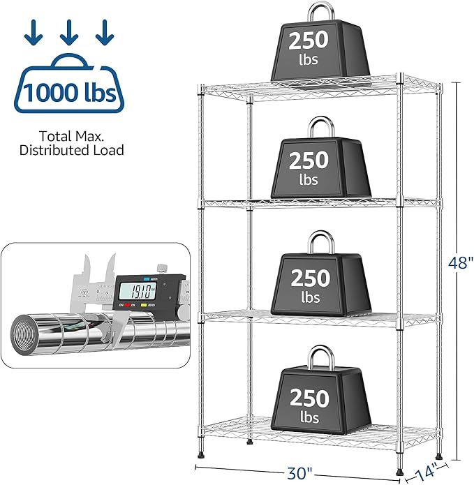 M MZG 1000 lbs 4Tier Shelf Metal Storage Shelves Wire Rack Closet Organizers with Wheel for Garage Kitchen Bathroom Laundry Chrome 13.7" D x 29.5" W x 47.2" H