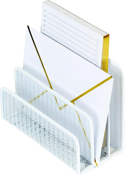 BLU MONACO White Metal Mesh Letter Sorter | 3-Slot Mail Organizer for Desk, Office & Home | Vertical File & Envelope Holder | Modern Mail Sorter for Documents, Bills & Files