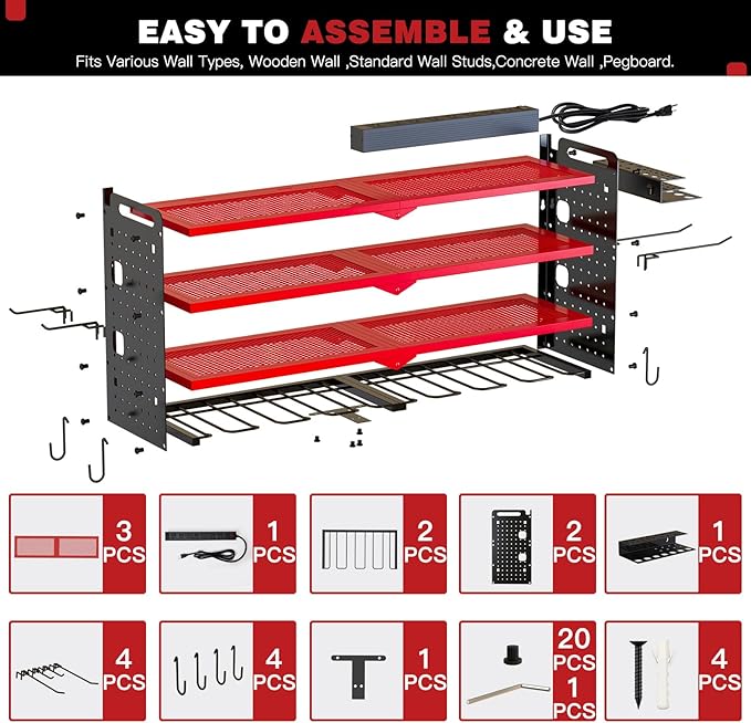 NattyDot Power Tool Organizer Wall Mount with Charging Station,Cordless Tool Organizer 8 Drill Holder, 4 Layer Storage Rack for Garage Organization,Tool Holder with 8 Outlet Power Strip (Red)