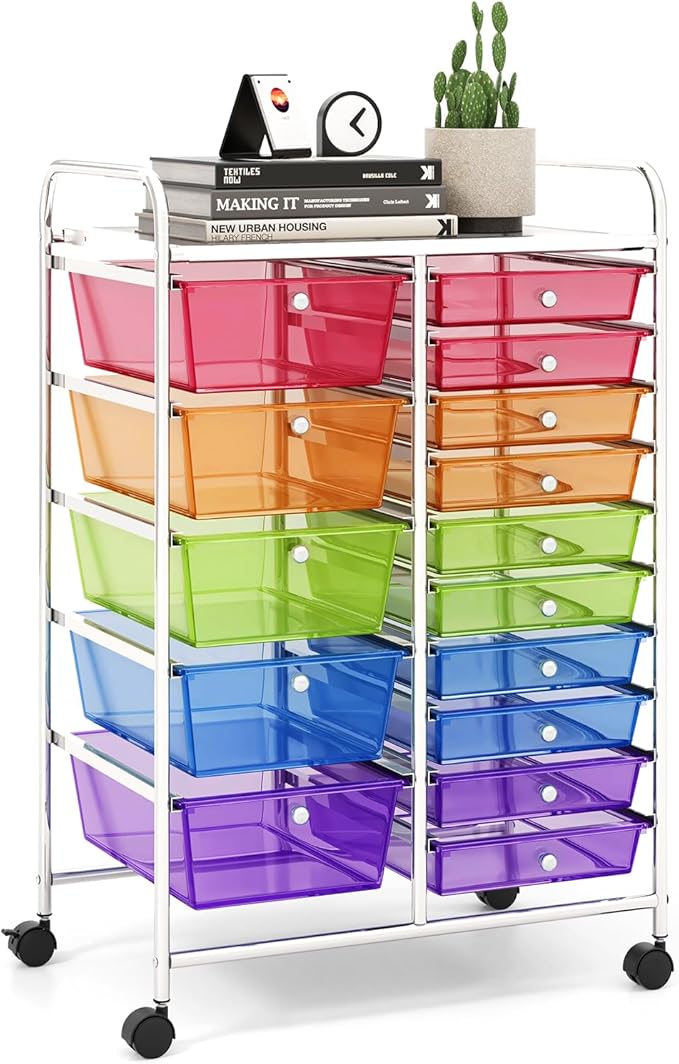 LDAILY 15 Drawer Rolling Storage Cart, Rolling Cart with Drawers for Classroom, Art Supply Craft Organizer on Wheel with Metal Frame & Handles for Home Office School