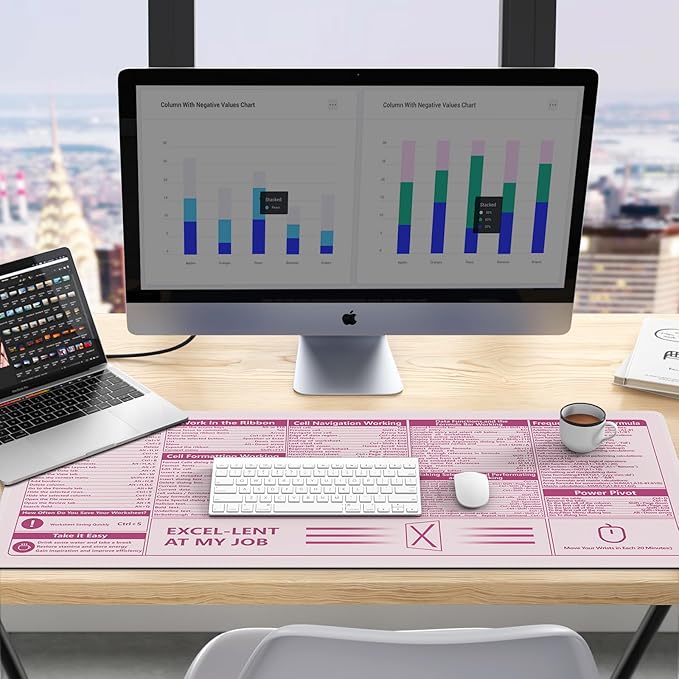 iCasso Excel Cheat Sheet Desk Pad,Excel Mouse Pad Shortcuts,Excel Shortcuts Cheat Sheet Keyboard Mat, Extended Large XXL Non-Slip Mousepad with Stitched Edges for Computer(Pink Excel Shortcuts)