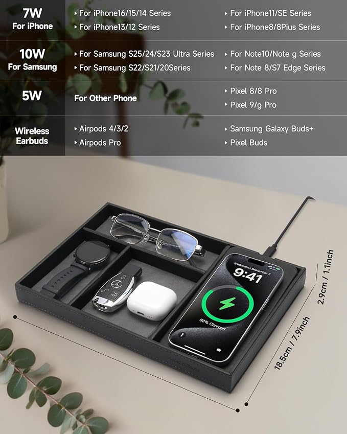 Valet Tray, Built in Wireless Charging Pad, Nightstand Organizer, Two-Toned Premium Vegan Leather Desk Bedside Caddy Organizer Tray for Keys, Watch, Wallet, Jewelry (Black+Gray)
