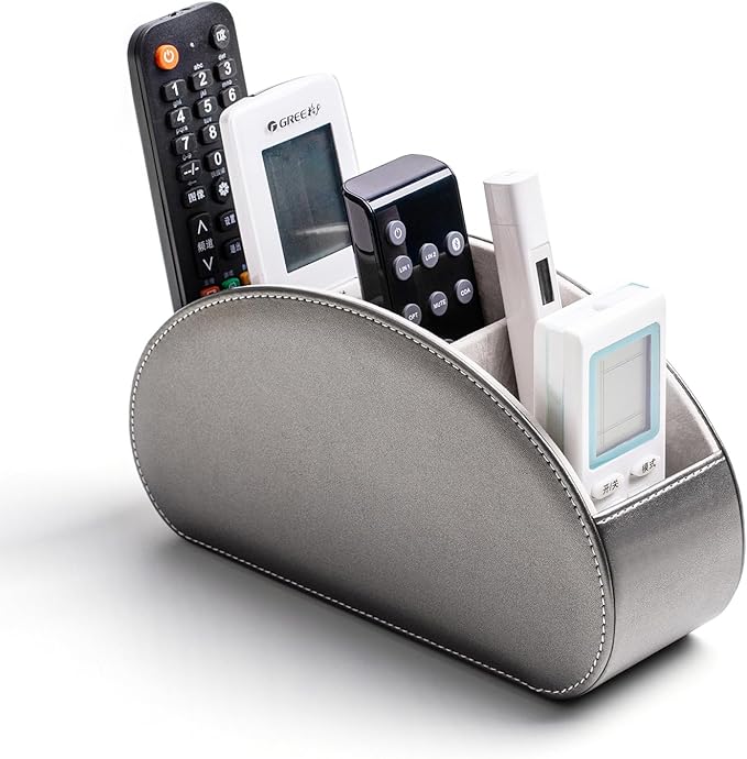 Remote Control Holders Organizer Box with 5 Compartment PU Leather Multi-functional Office Desk Storage Caddy Store Tv Remote for Media Player,Brush,Pencil,Glassees&Office Supplies (Sliver)