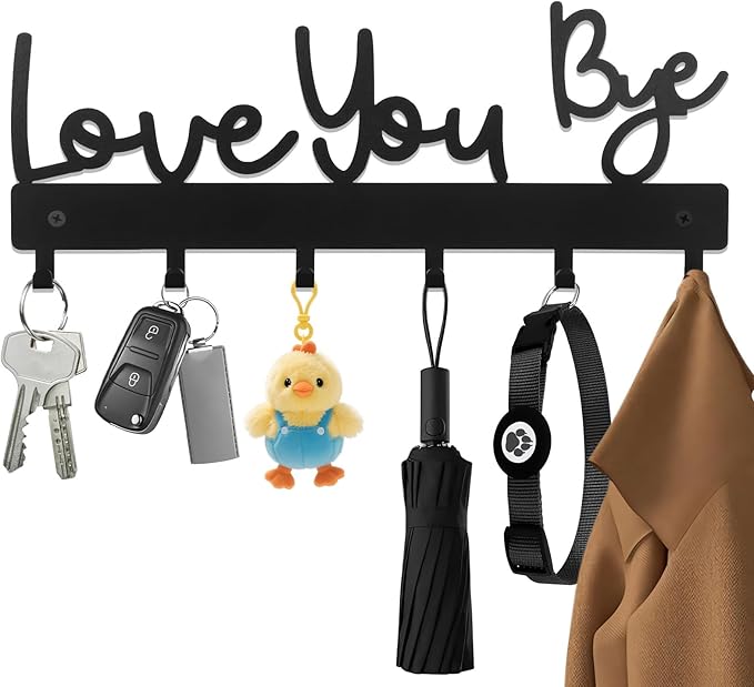 Key Holder for Wall,Key Hooks Organizer Hanger Rack Wall Mounted with Screws&Anchors,9.84inch/25cm Love You Bye Metal Wall Art Decor for Entryway Front Door Kitchen Hallway Garage Mudroom Office
