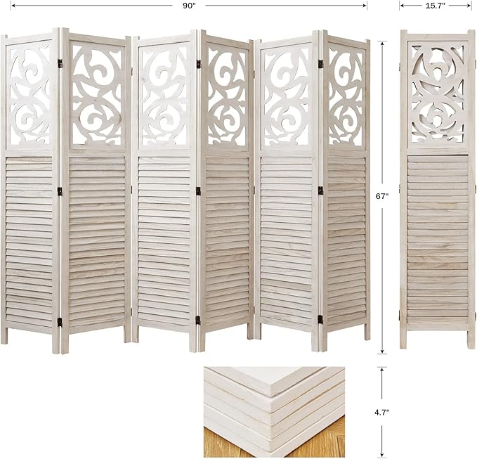 Room Divider Wood Carved Wall Divider Indoor Folding Portable Partition Screen for Home Office Garden Terrace - 6 Panel, 67 * 90inch (White)