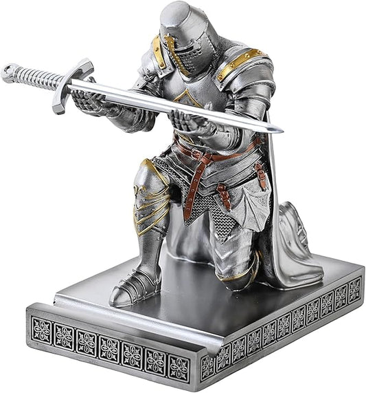 NCQIXIAO Medieval Templar Vanguard Officer Knight Pen Holder Pen Stand Desk Organizers and Accessories Resin Mobile Phone Stand as Gift for Office and Home Desk Organizer (Silver)
