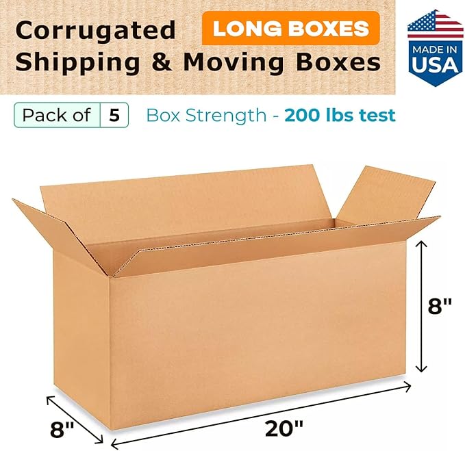 Long Shipping & Moving Boxes 20 x 8 x 8 inches (5-Pack) - Extra Strength 200 lb vs Regular - Corrugated Cardboard Packing Boxes for Moving - Shipping Box for Delivering by IDL Packaging