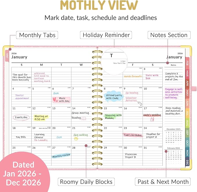 Forvencer 2026 Planner, Hardcover Calendar Planner Weekly and Monthly, Jan 2026 - Dec 2026, 8.5" x 11", Spiral Agenda Book with Tabs, Exquisite Daily Journal Organizer for Home School, Glitter Pink
