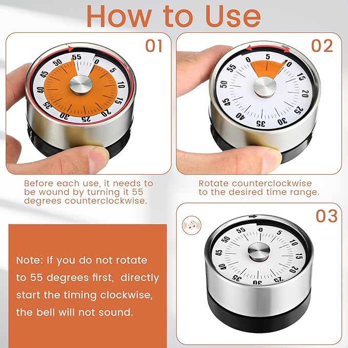 6 Pcs 60 Minute Visual Kitchen Timer Small Classroom Timers with Loud Alarm Stainless Steel Mechanical Timers for Classroom Desk Teaching Chef Countdown Egg Baking Office Cooking(White)
