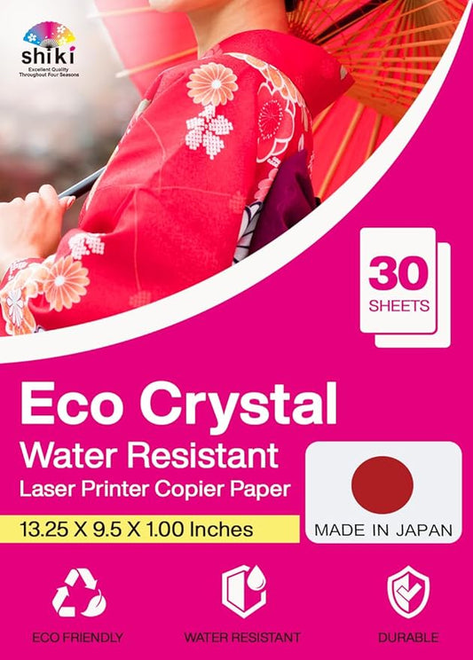 SHIKI Eco Crystal Laser Printer Paper/Copier - Double-Sided High Gloss, Water Slide, Tear-Resistant, Glossy Photo Paper for Laser Printer, No Lamination Needed, 30 Sheets, LTR Size, Made in Japan