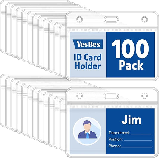 100 Pcs Horizontal Badge Holders, Extra Thick ID Card Name Tag Badge Holder with Resealable Zip, Waterproof ID Badge Holder