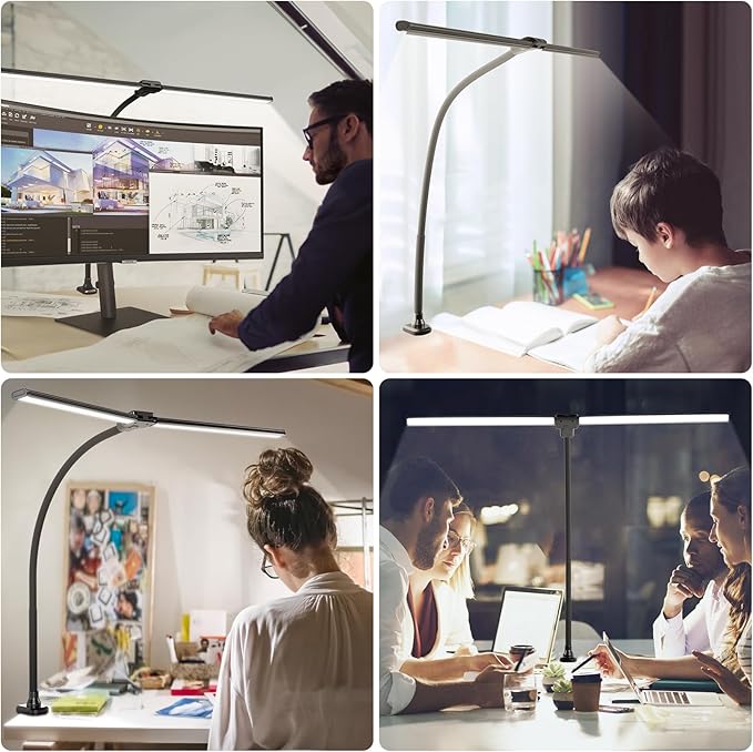ShineTech LED Desk Lamp for Home Office, 4000K Neutral White Double Head Architect Task Lamps with Clamp, Dimmable Adjustable Flexible,Black