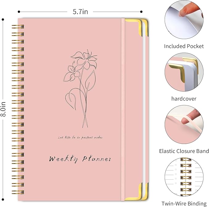 Undated Weekly Planner with Metal Corner Hardcover Notebook , A5 Size Journal with To Do List Planner, Habit Tracker,Weekly Goals for ADHD,Student, Office, Women, Men ,Gifts,6 x 8 inches，Spiral Bindding ,Pink