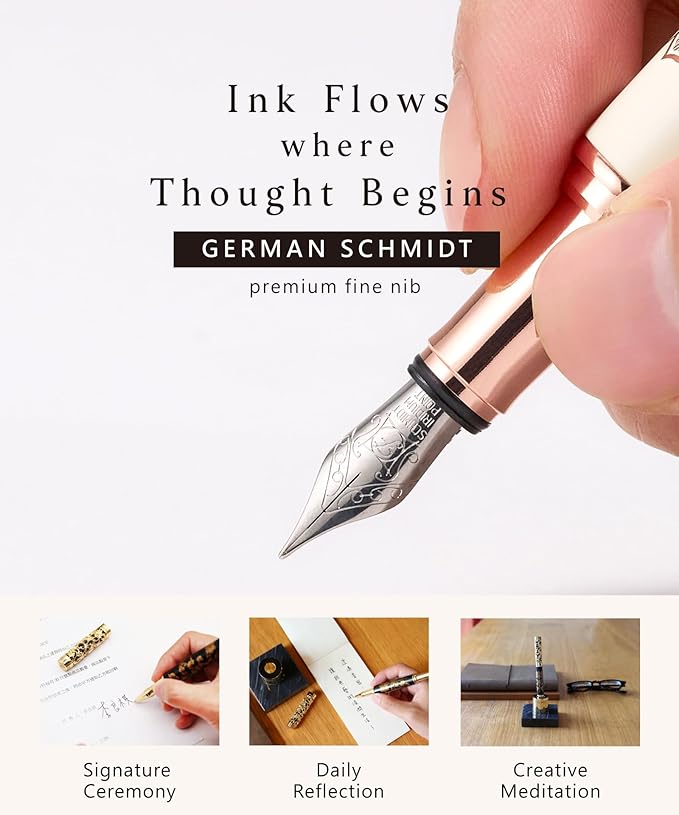 ARTEX Luxury Fountain Pen Set With Stand - Museum Art Collections - Crafting Timeless Beauty - the Best Gift & Office Desk Decor, German SCHMIDT Fine Nib, Solid Metal & Marble Texture