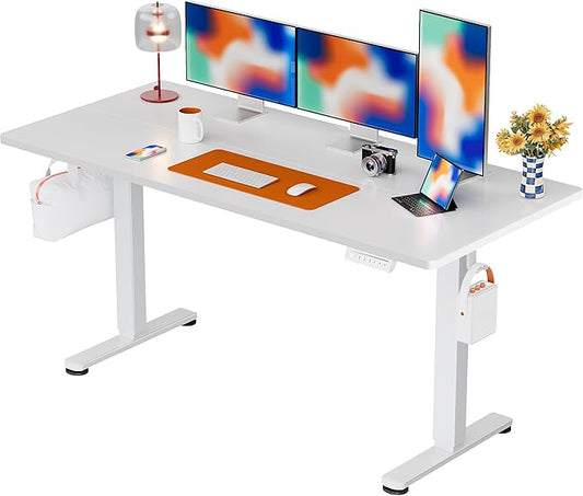 ErGear Height Adjustable Electric Standing Desk, 55 x 28 Inches Sit Stand up Desk, Large Memory Computer Home Office Desk with Two-Piece Desktop (White)