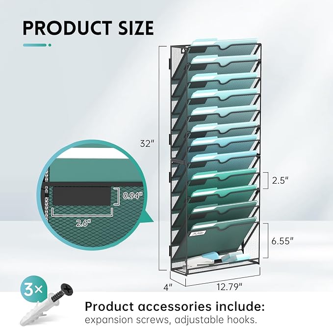 SUPEASY 13-Tier Wall File Organizer, Hanging Wall Files for Papers, Folders, Magazines, Wall Organizer for Clipboard, Assembly Needed, Black, 2 Pack