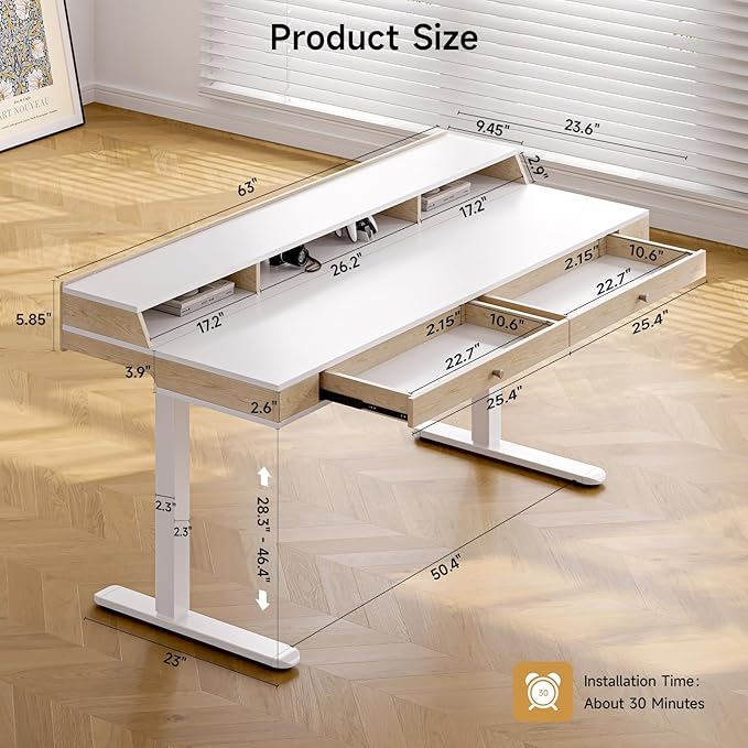 ONBRILL Standing Desk with Drawers, 63x23.6 Inch Electric Stand Up Desk with Storage Shelf and Memory Controller, Sit Stand Desk Adjustable Height from 28-46 Inch for Computer Workstation, White