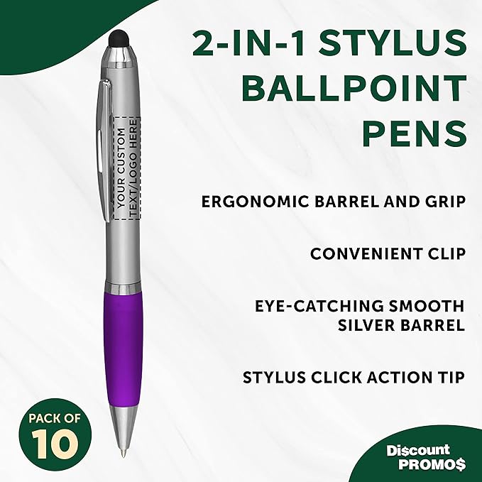 DISCOUNT PROMOS Custom Stylus Ballpoint Pens Set of 10, Personalized Bulk Pack - Black Ink, Great for Office, School, Business, Tradeshows, Events - Purple