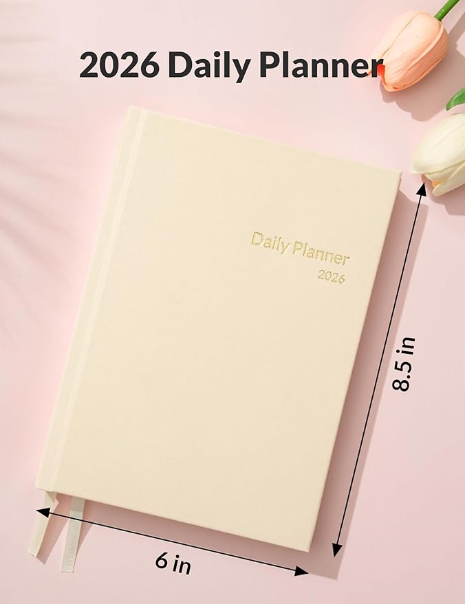 SUNEE 2026 Daily Planner A5 Hardcover – Hourly Schedule Organizer with Monthly Tabs & Task Tracker – Beige Cover Time Management Notebook for Work, School, Personal Goals