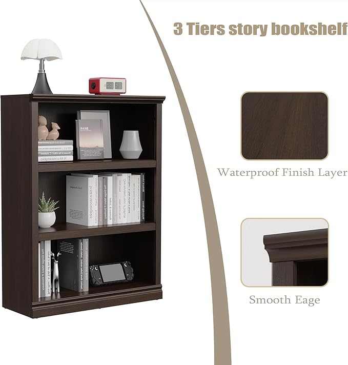 Bevfint 43 in Tall Bookcase, 3-Tier Bookshelf Open Storage, 33 inch Wide Floor Standing Indoor Furniture, Book Cases for Home School Library Office Bedroom Kids, Dark Cherry 3 Tiers