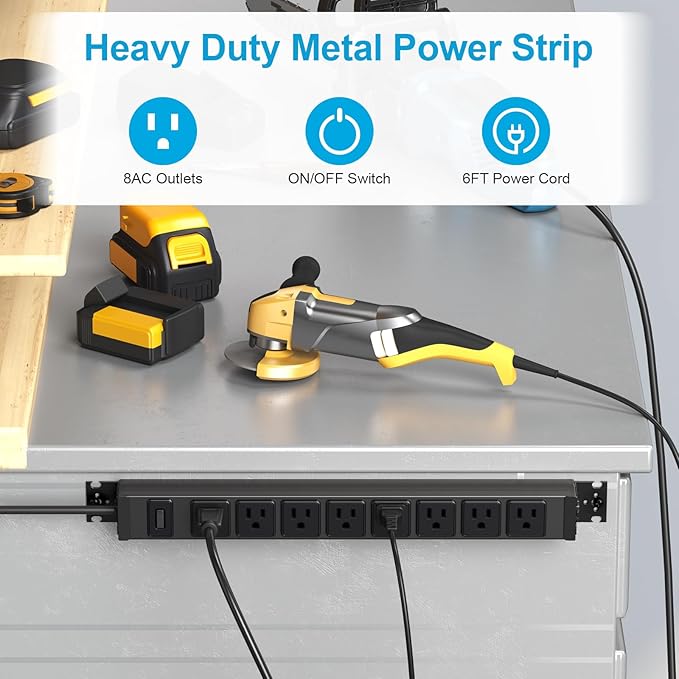HHSOET Metal 360° Rotating Mountable Power Strip, 8 Outlet Gaming Table Mounted Long Power Strip, Heavy Duty Wall Mount Surge Protector with Switch, 15A 125V 1875W, 6ft Power Cord.(Black)